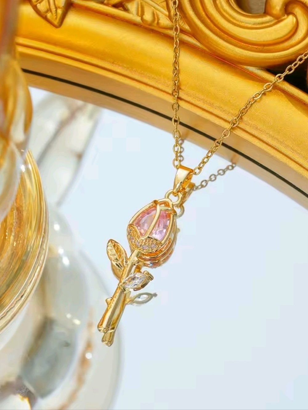 Elegant Pink Zircon Tulip Pendant Necklace Gold Tone Stainless Steel Flower